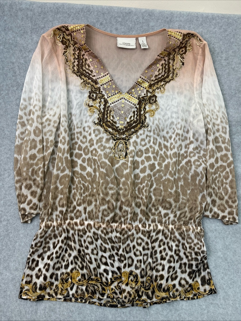 Chico’s Semi Sheer 3/4 Sleeve Animal Print Sequin Cinched Blouse Size 1 Medium